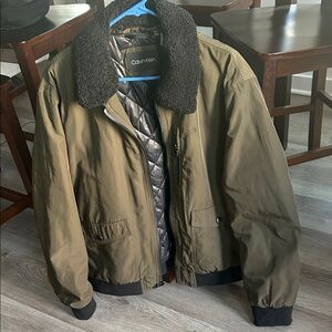 Calvin Klein Men's Olive Green Bomber Jacket with Black Fur Collar